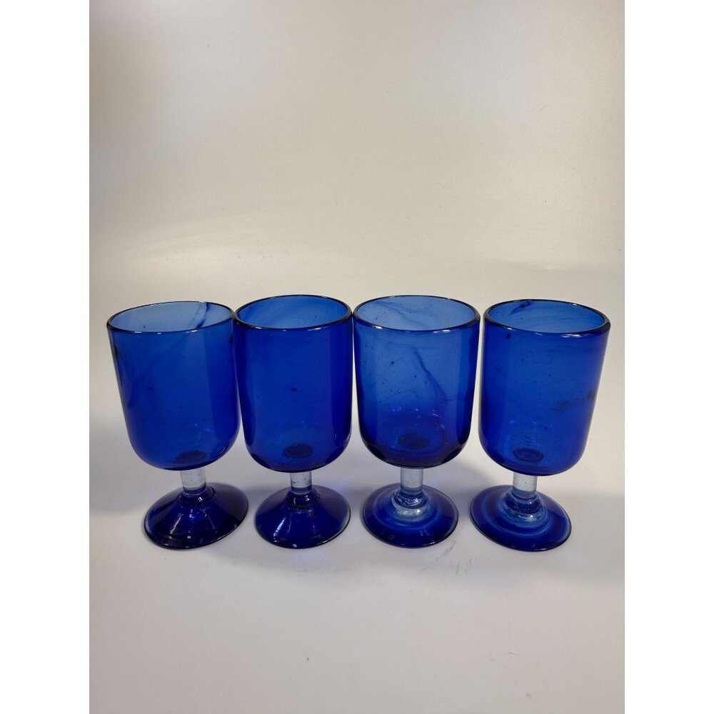 Hand Blown Cobalt Blue Wine Glasses | Set 4 Stemmed Glassware Collectible Barwar - Picture 2 of 16